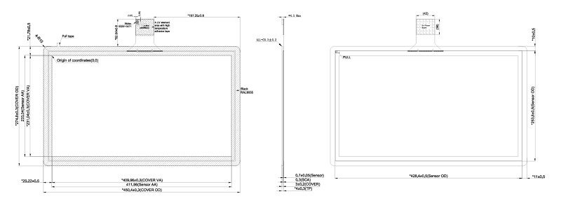 18.5 inch Cover Lens OD: 450.4 × 274.6 × 3.0 mm Sensor OD: 411.96 × 233.04 × 0.7 mm Touch Active Area (VA): 409.96 × 231.04 mm