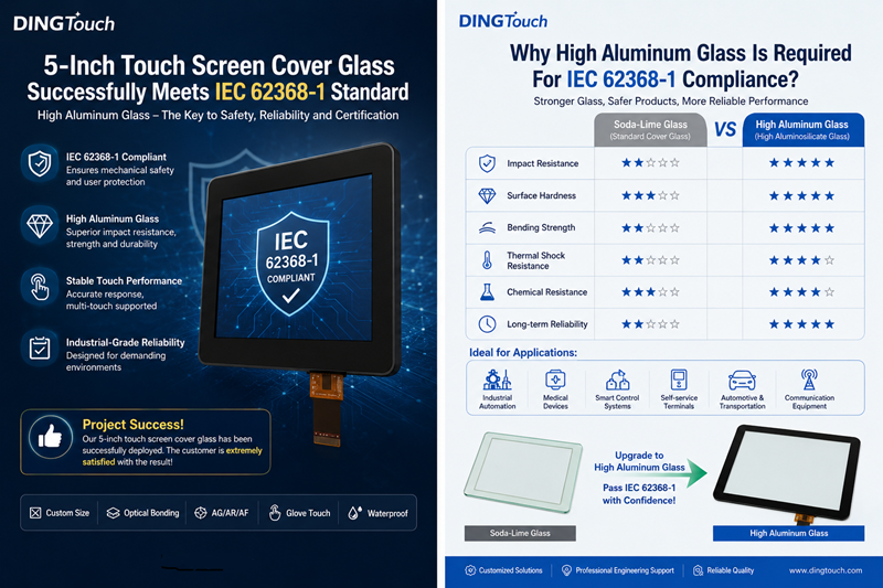 DINGTouch 5 Inch Touch Screen Cover Glass Successfully Meets IEC 62368-1 Standard
Table of Contents
Introduction
What Is IEC 62368-1?
Why Cover Glass Material Matters for Touch Screens
Soda-Lime Glass vs High Aluminum Glass
Why High Aluminum Glass Is Required for IEC 62368-1 Compliance
DINGTouch 5-Inch Touch Screen Project Success Story
Key Advantages of DINGTouch High Aluminum Cover Glass