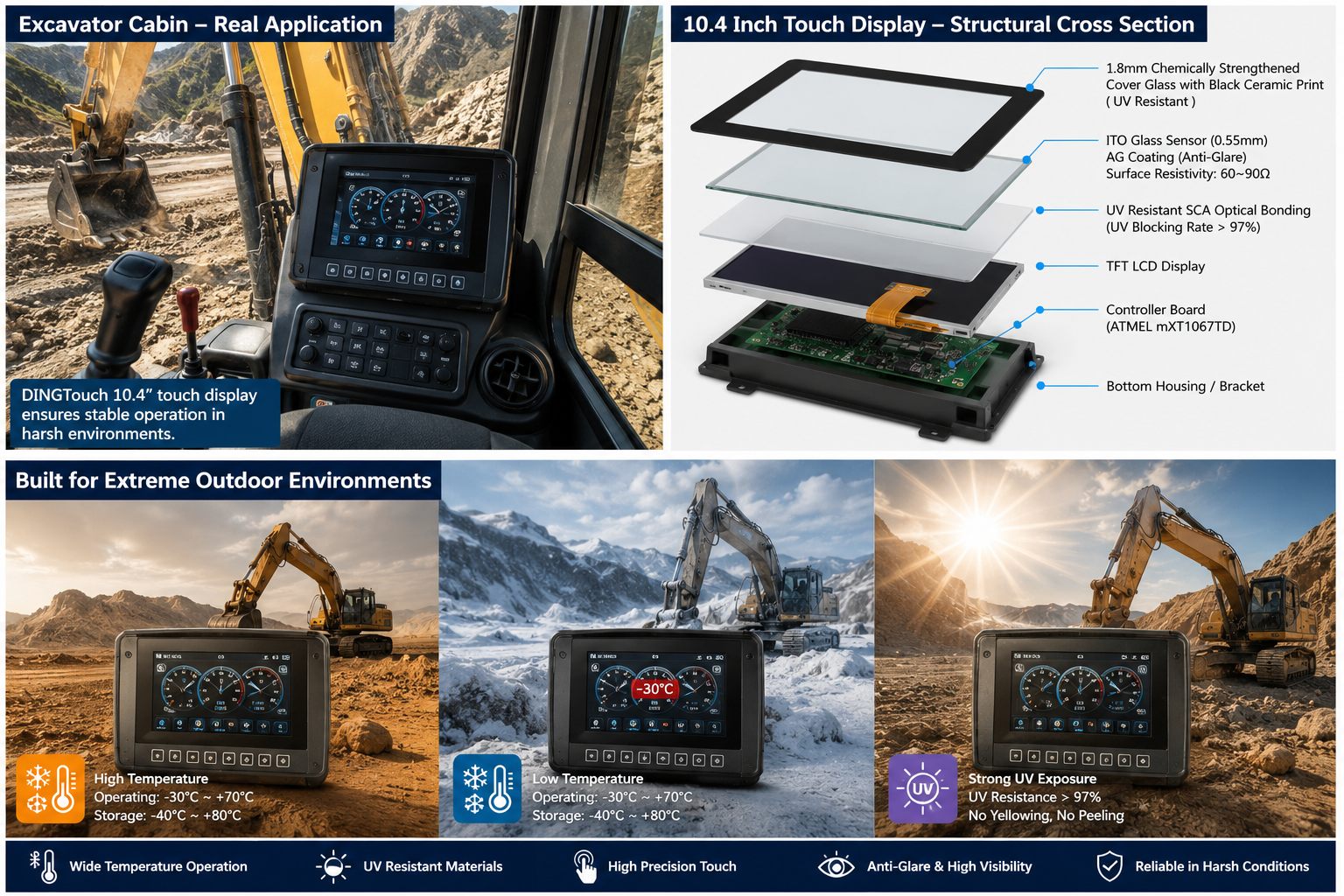 DINGTouch Heavy Machinery Outdoor Touch Display Solution Rugged HMI Systems for Excavators, Mining Equipment, and Construction Machinery