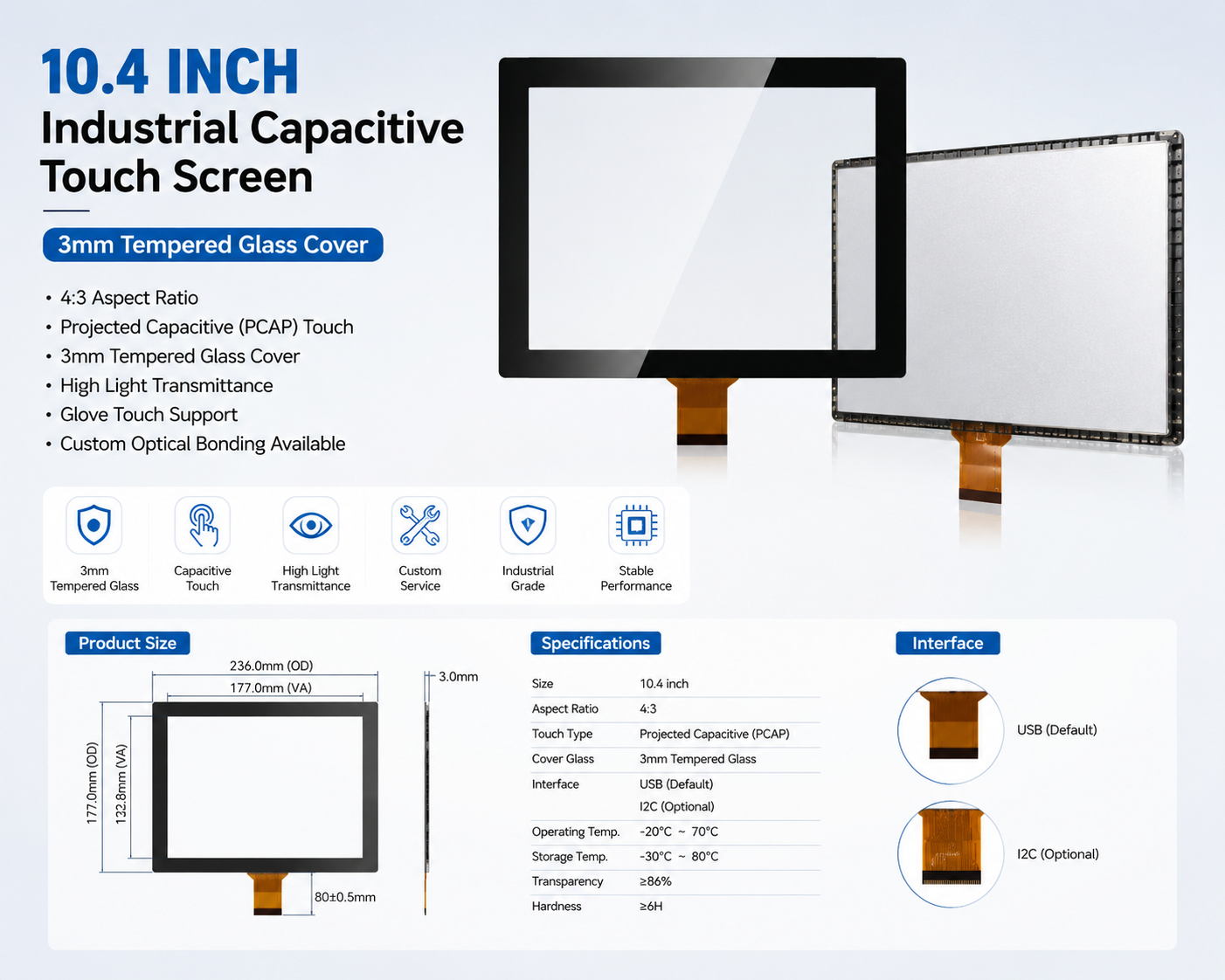 10.4-Inch 4:3 Industrial <a href=https://www.szdingtouch.com/new/capacitive-touch-screen.html target='_blank'>capacitive touch screen </a>with 3mm Tempered Glass Cover