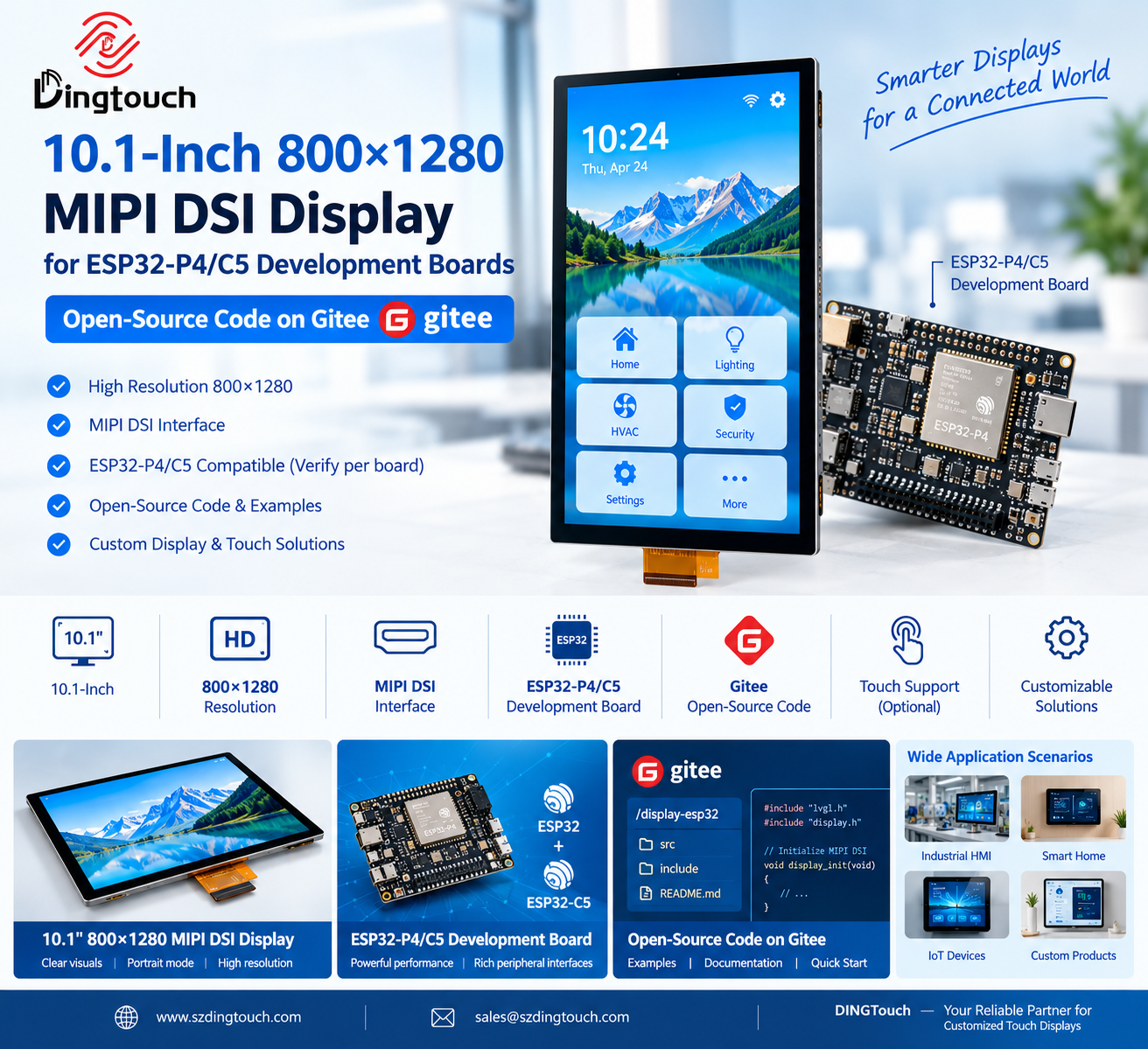 10.1-Inch 800×1280 MIPI DSI Display for ESP32-P4